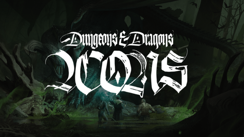The official Dungeons & Dragons Icons logo set against a backdrop of a group of adventurers facing down a black dragon in a dark swamp.