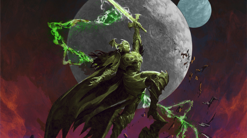 Official D&D art from Greyhawk: Crown of the Witch Queen campaign book, featuring the vampire Drelzna standing under a full moon and holding a glowing green magical sword aloft as bats fly around her.