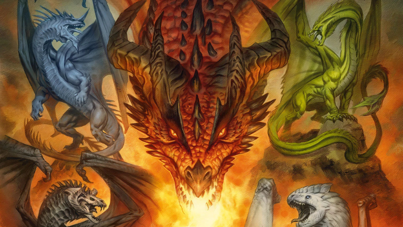 Official D&D artwork featuring the five-headed dragon goddess Tiamat.