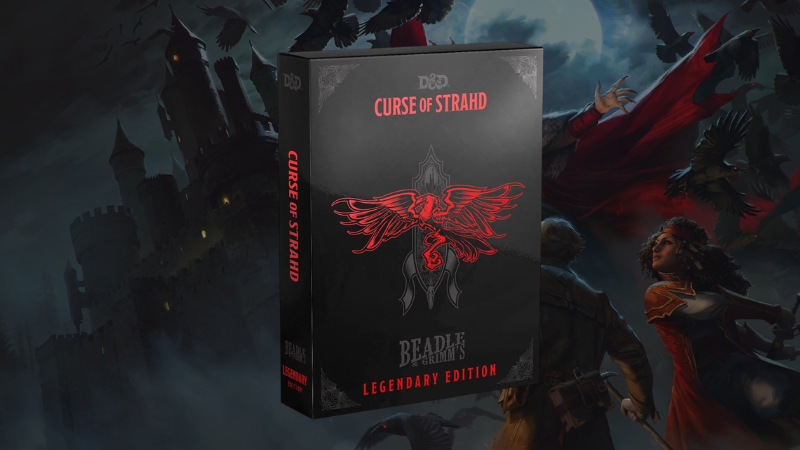 The Beadle & Grimm's Curse of Strahd Legendary Edition box set reprint in front of an image of the legendary vampire lord facing down two adventurers.