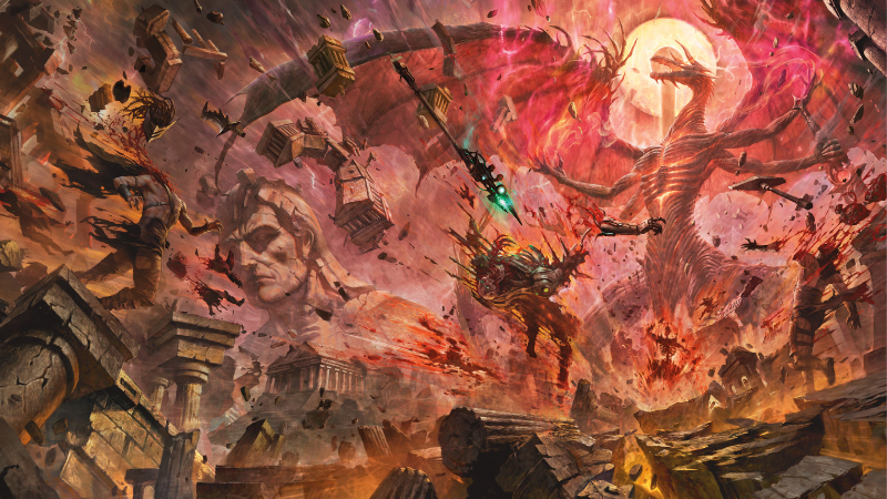 Official D&D art for the cover to "Dark Sun: Edge of Oblivion," featuring a draconic sorcerer-king unleashing a powerful psionic attack that is obliterating a group of adventurers in the desert.