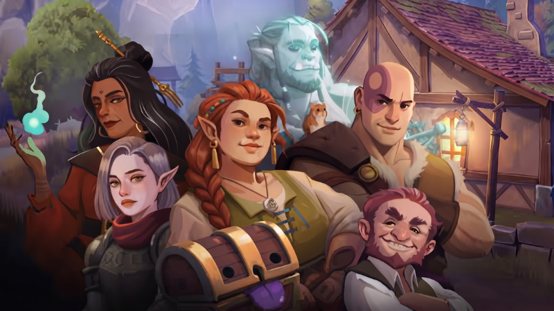 Official promotional art for the new video game "Dungeons & Dragons: Long Rest Tavern," featuring a group of characters in a cute cartoon art style standing outside an inn.