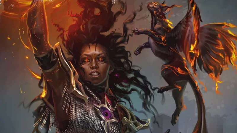 Official D&D artwork from the Arcana Unleashed supplement, featuring a female Vestige Patron Warlock wreathed in flames with her flying cat familiar.