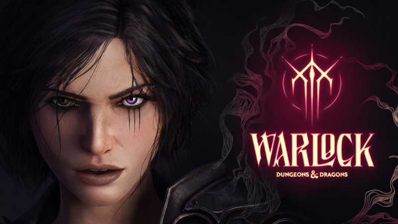 An official promotional banner for Warlock: Dungeons & Dragons, featuring the logo and heroine Kaatri.