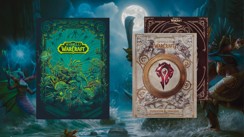 The alternate covers to the new D&D World of Warcraft supplement set in front of a background image of a group of adventurers from Azeroth fighting murlocs.
