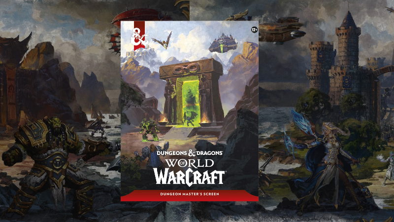 The cover to the D&D World of Warcraft Dungeon Master's Screen set against a backdrop image of an army of orcs and elves battling.