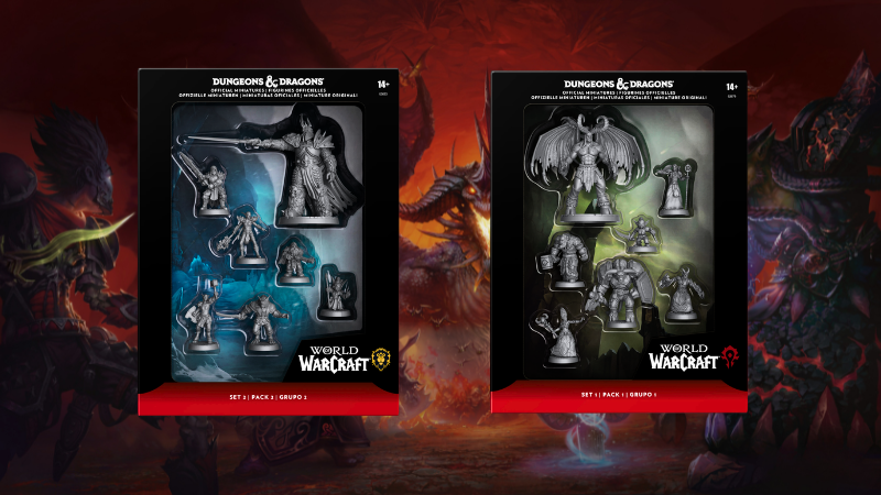 The two packs of the official D&D World of Warcraft miniatures set against a background of a group of Azeroth adventurers battling a dragon.