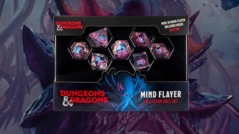 FanRoll's D&D Mindflayer Dice set in front of an image of an Illithid casting a spell.