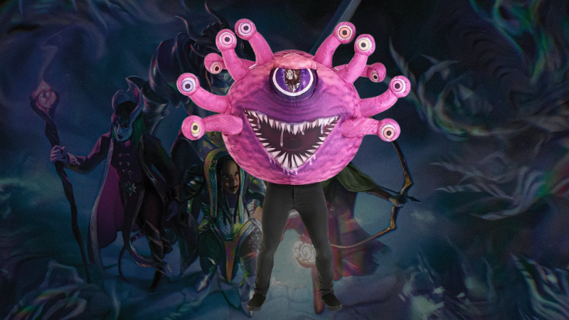 The inflatable beholder D&D Halloween costume set against a background image of heroes in Ravenloft.