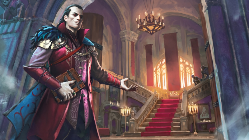 Official cover art from Renegade's "Castle Ravenloft D&D Board Game," featuring the vampire lord Strahd von Zarovich standing in a foyer in a gothic castle.