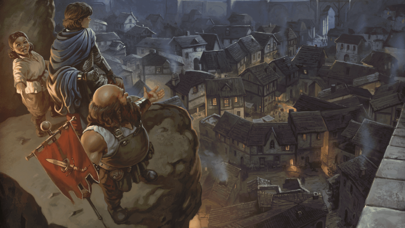 Official D&D artwork, featuring a group of adventurers standing on a cliff and looking down on a village at night.
