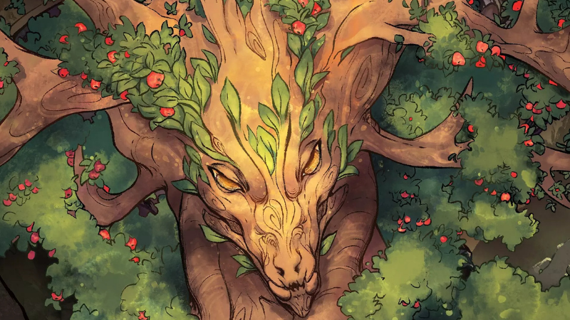 Official art from the D&D Beyond version of The Field Guide to Floral Dragons, featuring the head of a massive dragon made of bark and leaves.