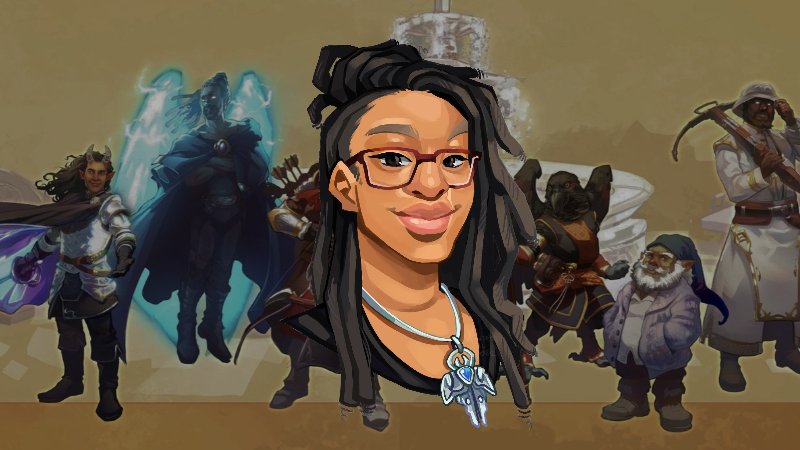 A cartoon portrait of former D&D Community Manager LaTia Jacquise against a background image of characters from the Rivals of Waterdeep actual play series.
