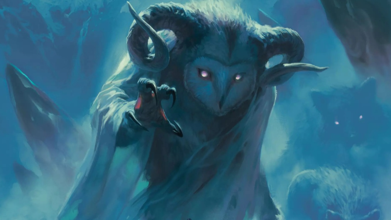 Official D&D artwork from Icewind Dale: Rime of the Frost Maiden, featuring a horned owl-like ice monster reaching out for a frozen adventurer during a snow storm.