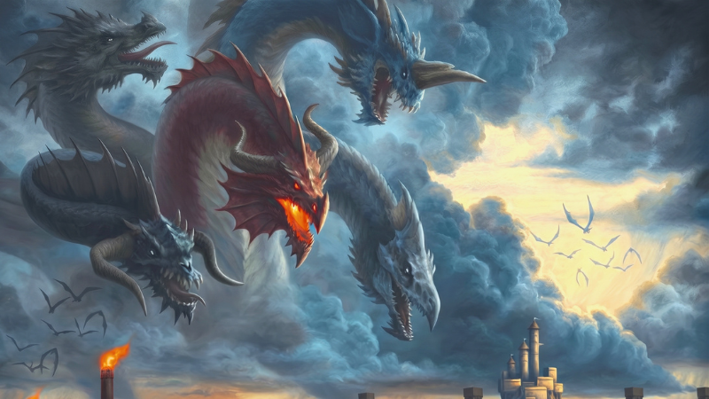 Official D&D art from Dragonlance, featuring the five headed dragon goddess Takhisis emerging from the clouds over a castle.