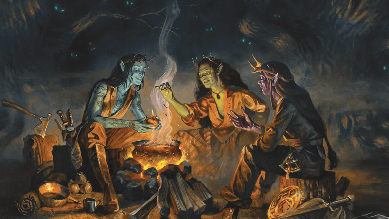 Official D&D art featuring three tiefling warlocks gathered around a cauldron on a dark night.