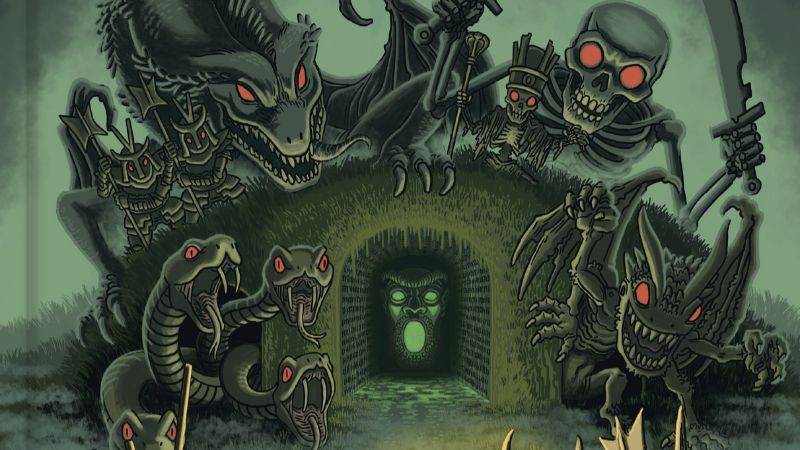 The cover to "Dungeons! Illustrated Maps of Classic D&D Adventures" by Jason Bradley Thompson, featuring a variety of cartoon monsters lurking outside the entrance to the Tomb of Horrors.