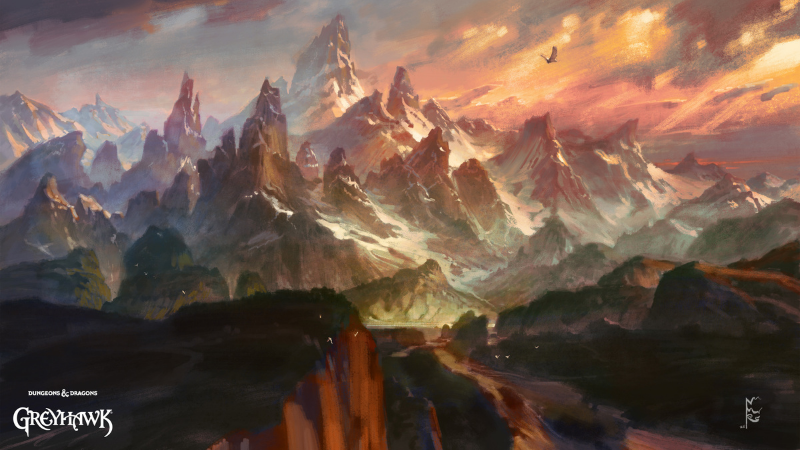 Official D&D artwork from Wizards of the Coast, featuring a sprawling mountain range from the world of Greyhawk.