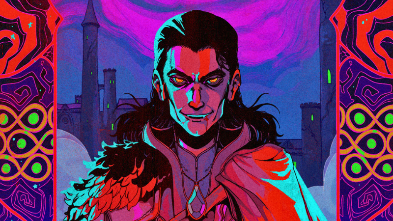 Official D&D artwork featuring the vampire lord Strahd von Zarovich of Ravenloft portrayed in a neon psychedelic color scheme.