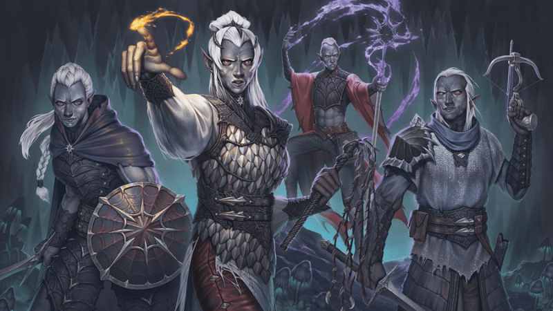 Official D&D artwork featuring a band of drow warriors in the Underdark.