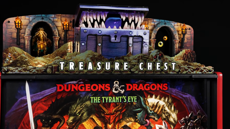 A photograph of the new mimic treasure chest topper on the Dungeons & Dragons: The Tyrants Eye pinball machine.