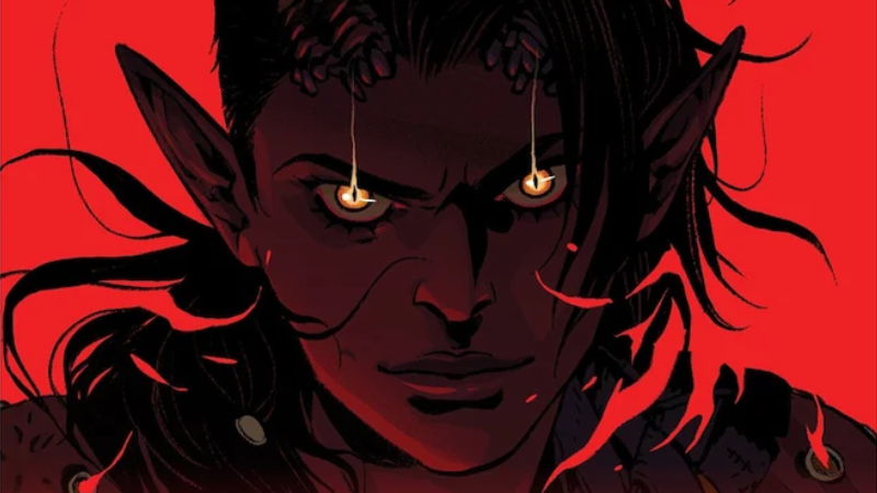 Official art from the new Dark Horse Baldur's Gate 3 comic book, featuring a close up the tiefling barbarian Karlach set against a dark red background.