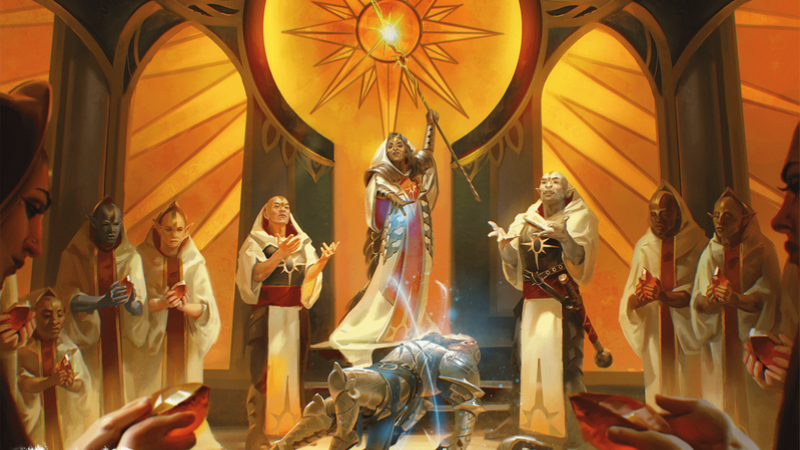 Official D&D art, featuring a group of clerics in a cathedral casting a spell that is bringing a dead knight back to life.