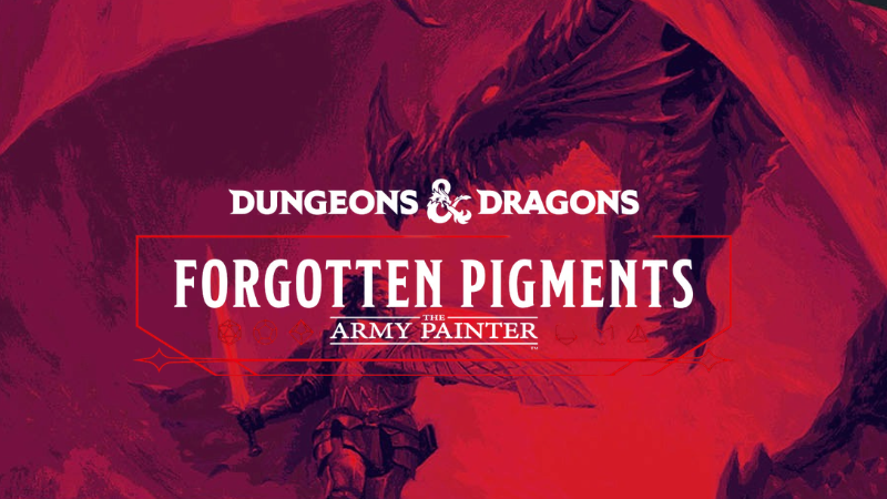 The D&D logo next to the Forgotten Pigments logo in front of a red saturated background of a lone warrior facing down a dragon.