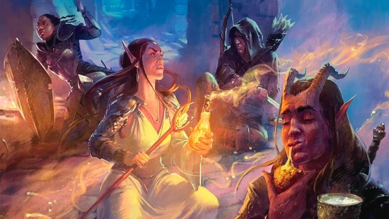 Official cover art from the D&D cookbook "Heroes' Feast Legends of the Table," featuring a group of adventurers eating dinner by a fire.
