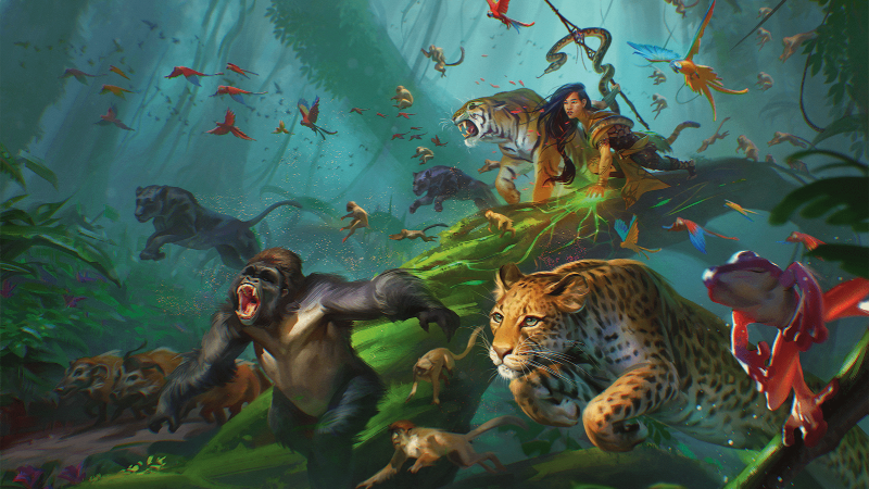 Official D&D artwork, featuring a beautiful female ranger crouched on a log in a jungle as a horde of animals charge into battle around her.