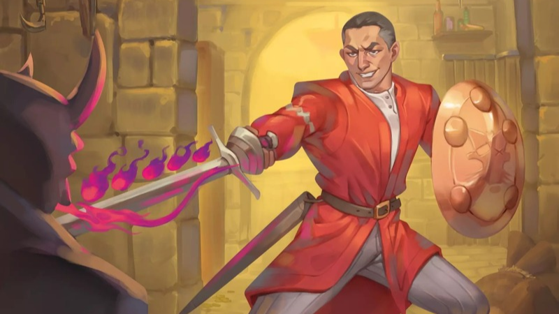 Official art for the Magus Class for D&D 5.5E, featuring a warrior in a dungeon with a shield and glowing magical sword facing down a demon.