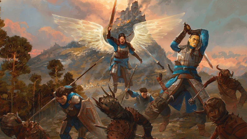 Official D&D art, featuring a group of four warriors battling a group of goblins, with the leader wielding a glowing sword and sprouting divine angel-like wings.