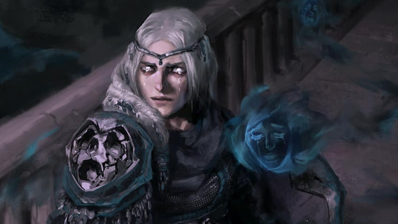 Official D&D artwork, featuring a pale, haunted-looking female Sorrow Knight Fighter standing on a dark bridge with spirits floating around her.