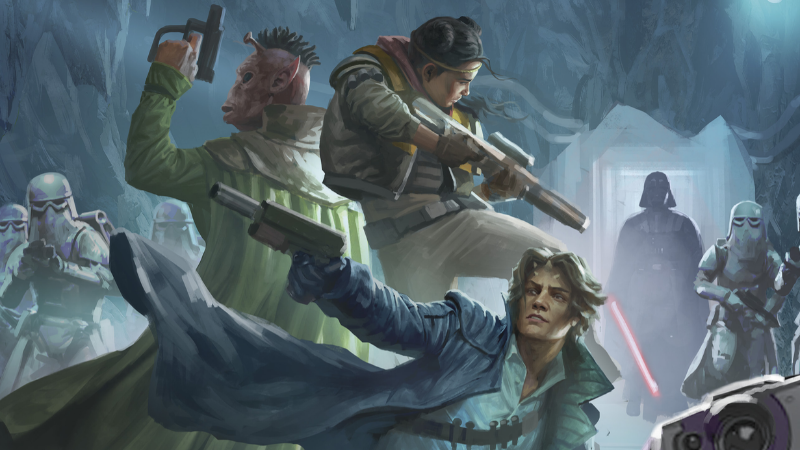 Official cover art from the D&D Star Wars Tyro Squadron Adventures book, featuring a group of three rebel heroes battling Darth Vader and a horde of Snow Troopers in an icy cavern.