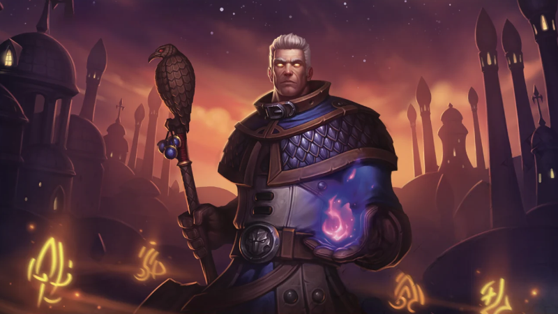 Official art from D&D World of Warcraft showing a Mage with glowing yellow eyes and a magic staff.