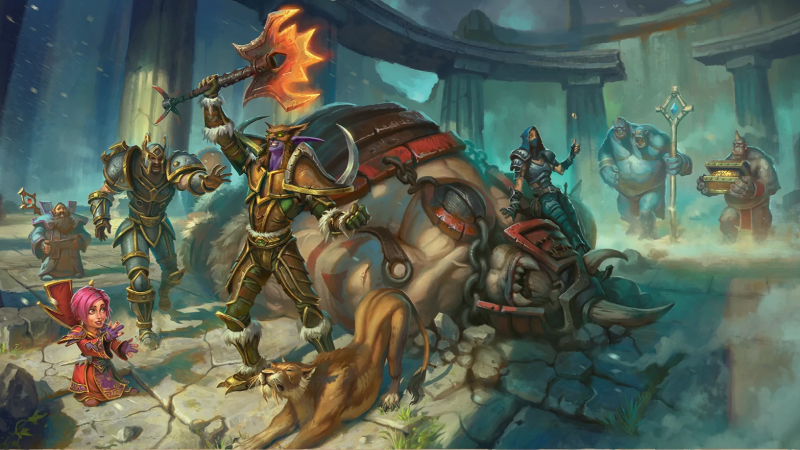 Official D&D World of Warcraft artwork, featuring an adventuring party battling a giant in a set of ancient ruins.