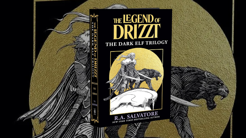The cover to the new Legend of Drizzt Dark Elf Trilogy Collector's Edition hardcover set against a background image of Drizzt and his black panther companion Guenhwyvar.