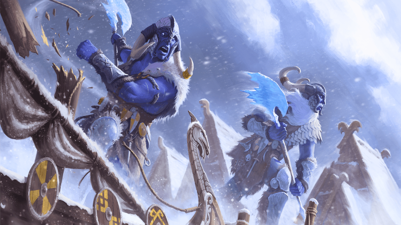 Official D&D art, featuring two Storm Giants charging into a village during a blizzard.