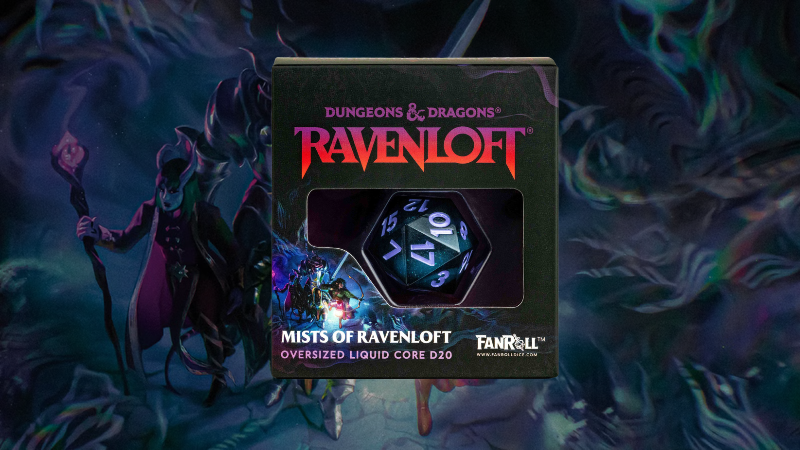 The new FanRoll D&D Mists of Ravenloft Oversized Liquid Core D20 set against an image of a group of adventurers in the Domains of Dread.