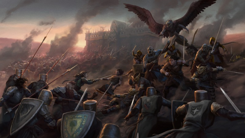 Official D&D artwork from Greyhawk, featuring a group of adventurers charging into battle against an army of evil warriors.