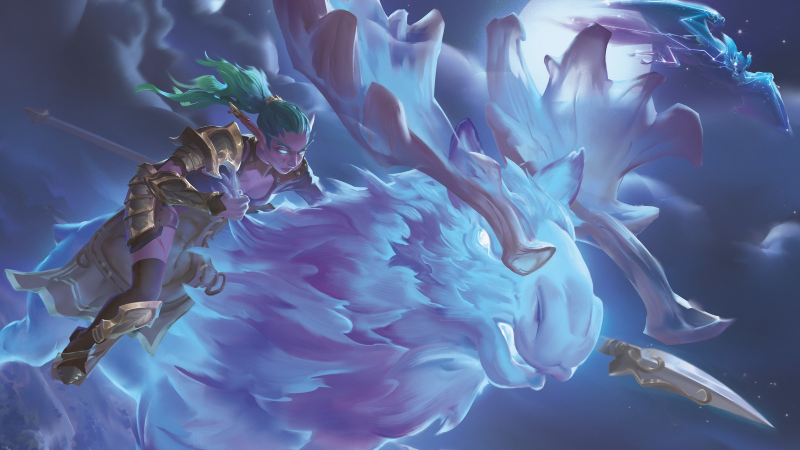 Official artwork from the D&D World of Warcraft supplement, featuring a female elf warrior riding a glowing blue spectral moose into battle on a moonlit night.