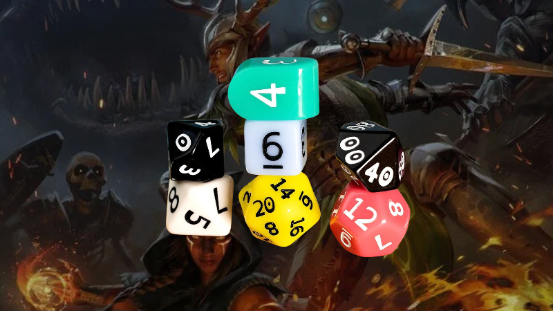 The Sirius D&D Disability Pride Dice set in front of a background image of two adventurers in battle.