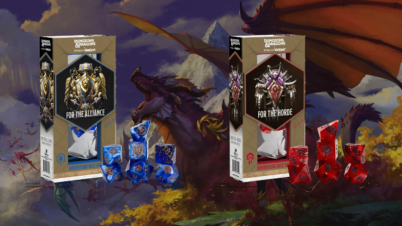 The two sets of new D&D World of Warcraft Adventure Dice from Sirius Dice set against a background image of a female elf standing in front of a flight of dragons.